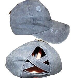 Twig & Arrow Women's Blue Distressed Crisscross Back Adjustable Baseball Cap